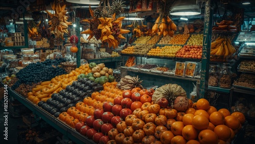 Fresh Fruits in a Market Stand With Various Colors and Types in a Busy Locati...