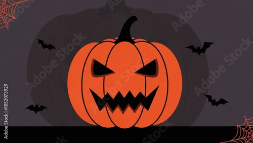 A spooky orange jackolantern with a menacing face and sharp teeth surrounded by bats and spider webs on a dark background for halloween