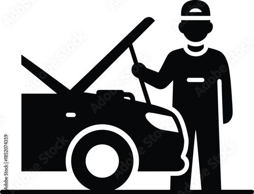 Car inspection and repair icon set, black silhouette illustration of mechanic service and automotive maintenance concept graphic