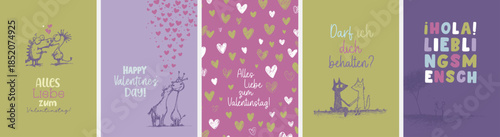 5 moderne und süße Grußkarten zu Valentinstag in deutscher und englischer Sprache sowie im Din Format. Moderne perfekte Typo + harmonische Farben + Motive & Hintergründe selektierbar und verwendbar