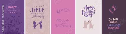 5 moderne und süße Grußkarten zu Valentinstag in deutscher und englischer Sprache sowie im Din Format. Moderne perfekte Typo + harmonische Farben + Motive & Hintergründe selektierbar und verwendbar