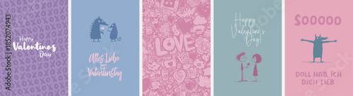 5 moderne und süße Grußkarten zu Valentinstag in deutscher und englischer Sprache sowie im Din Format. Moderne perfekte Typo + harmonische Farben + Motive & Hintergründe selektierbar und verwendbar
