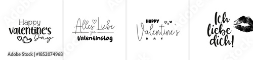 Moderne minimalistische Schönschrift-Kalligrafie mit den Schriftzügen „Happy Valentine’s Day“ und „Alles Liebe zum Valentinstag“. Eleganter, zeitloser Vektor-Schriftzug für Karten, Print und Design.