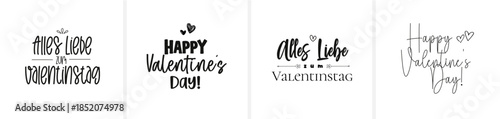 Moderne minimalistische Schönschrift-Kalligrafie mit den Schriftzügen „Happy Valentine’s Day“ und „Alles Liebe zum Valentinstag“. Eleganter, zeitloser Vektor-Schriftzug für Karten, Print und Design.