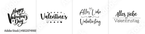 Moderne minimalistische Schönschrift-Kalligrafie mit den Schriftzügen „Happy Valentine’s Day“ und „Alles Liebe zum Valentinstag“. Eleganter, zeitloser Vektor-Schriftzug für Karten, Print und Design.