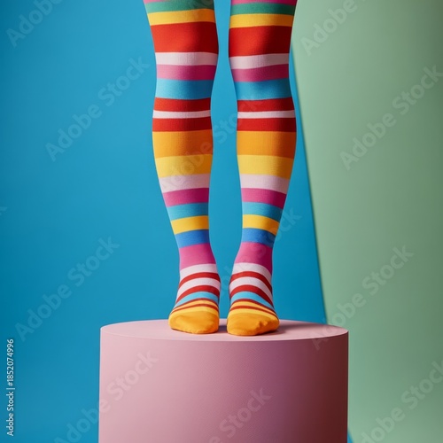 Legs wearing colorful striped socks tights standing on a small podium against a pastel backdrop
