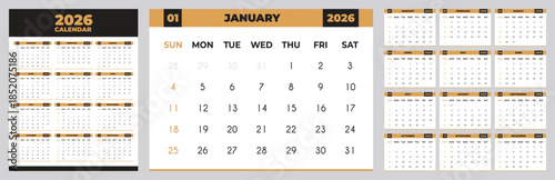 2026 Calendar Template Set, Minimal Monthly Calendar Clipart with Weekly Schedule