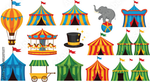 Circus And Carnival Tents Collection With Carousel Elephant Hot Air Balloon And Festival Elements Isolated On White Background Flat Vector Illustration