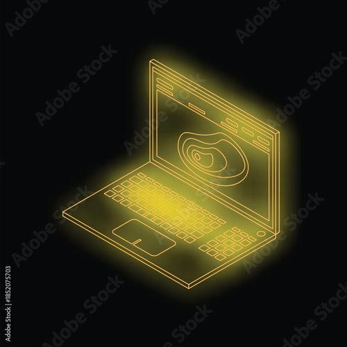 Isometric view of neon yellow laptop showing ultrasound scan image on black background