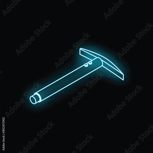 Blue neon sign depicting a pickaxe mining tool, glowing on a black background