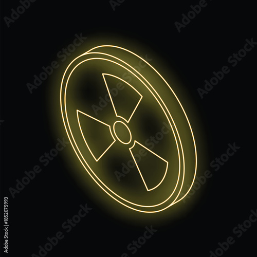 Yellow neon sign showing the radioactive symbol on a black background