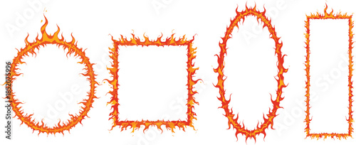 Burning Fire Frames Collection With Circle Square Oval And Rectangle Shapes Isolated On White Background Flat Vector Illustration