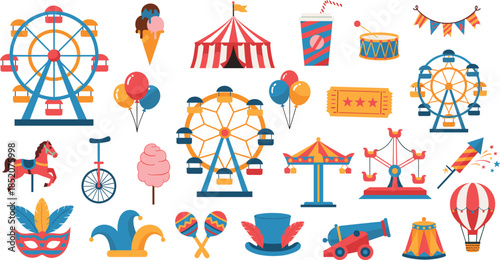 Colorful Amusement Park Carnival Icons Collection With Ferris Wheel Rides And Festival Elements Isolated On White Background Flat Vector Illustration