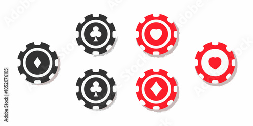 A collection of casino chips with different suits displayed on them
