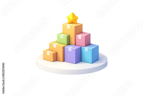 3D isometric colorful gift box pyramid with a yellow star for logistics achievement and successful package delivery concepts.