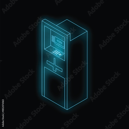 Neon atm machine glowing on dark background, concept for banking and finance