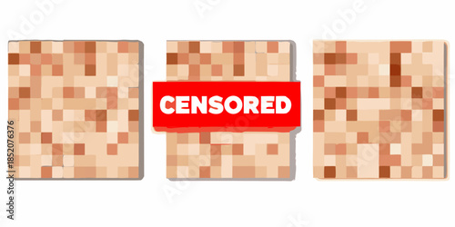Pixelated images with a red censorship bar over the central image