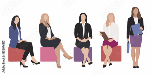 Five professional women in business attire are depicted in a modern minimalist style