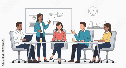 Illustration of a diverse team collaborating around a table during a business meeting