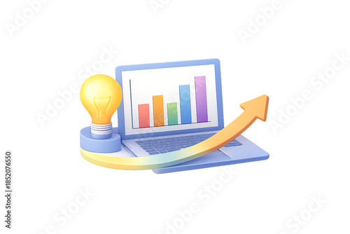 Creative business idea and data analysis concept with 3D isometric laptop glowing lightbulb and upward growth arrow icon.