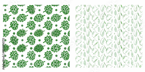 Green hop flowers and leaf patterns on a white background seamless design