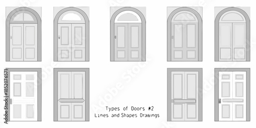 A collection of arched and rectangular doors in a simple drawing style
