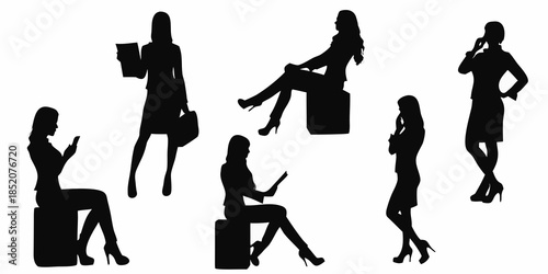 Silhouettes of fashionable women in various poses and stylish outfits
