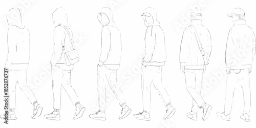 Line art depiction of a person in various poses and outfits