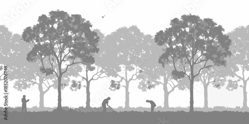Silhouetted figures working amidst a dense misty forest landscape