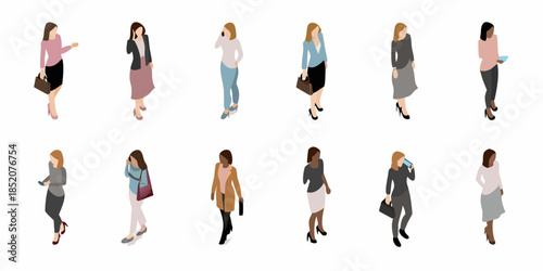 Isometric illustration of diverse women in modern business attire standing together