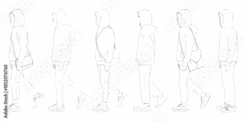 Fashion design sketch of a hooded figure in multiple poses