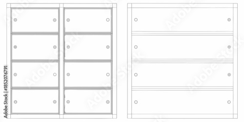 Simple line drawing of white storage lockers with handles and dividers