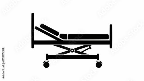 Hospital bed icon with adjustable headrest and wheels.