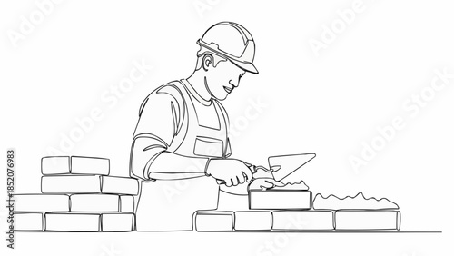 Bricklayer working on construction site laying bricks with trowel.