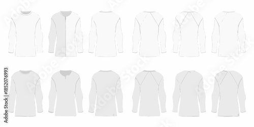 Collection of white long sleeved shirts and tops in various styles displayed flat