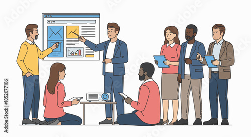 Illustration of a business presentation with people and a screen displaying information