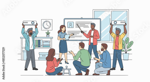Illustration of a business presentation with a group of diverse people in a meeting room