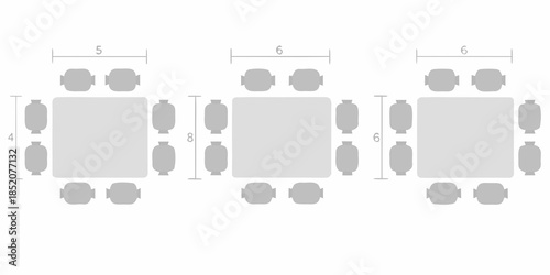 Overhead view of rectangular tables arranged for dining with chairs around them