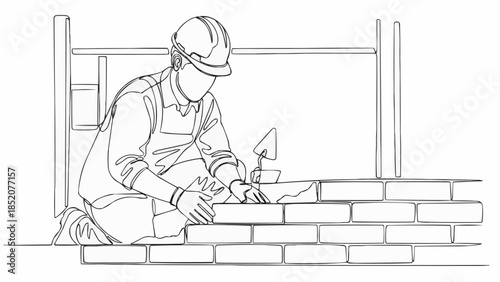 Bricklayer working on a construction site laying bricks.
