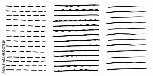 Abstract arrangement of black lines and dashes on a white background