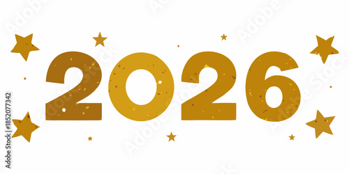 Golden new year 2026 celebration with sparkling star decorations on white background