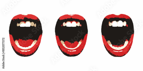Three open mouths illustrated with red lips and visible teeth in a row