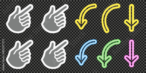 Colorful hand gestures and arrows pointing curving and downward directions illustrated