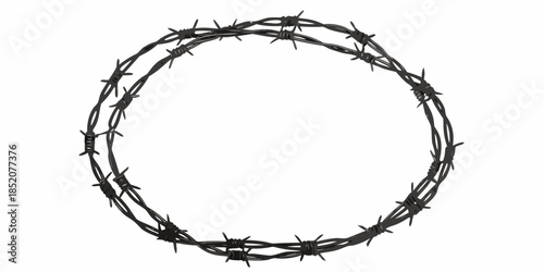 A circular arrangement of sharp black barbed wire isolated on a white background