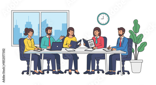 Illustration of a business meeting in an office with people discussing and working together.