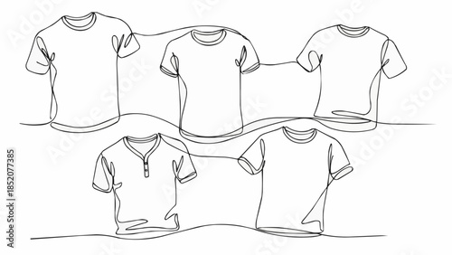 Collection of Five T-Shirts Drawn in Continuous Line Art Style.