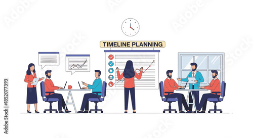 Illustration depicting a business team collaborating on a project timeline planning session.