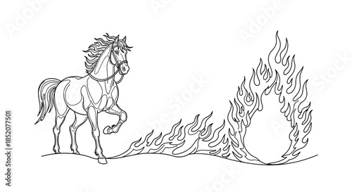 Artistic line drawing depicts a majestic horse gracefully leaping through a fiery ring, symbolizing courage and performance