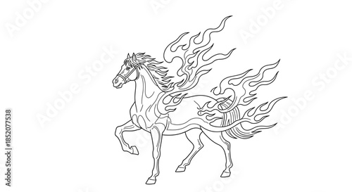 A stylized depiction of a mythical fire horse, rendered in black and white line art, with flames emanating from its mane, tail, and hooves