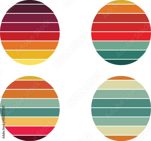 Retro vintage sunset style circular gradient backgrounds, featuring horizontal stripes and a nostalgic color palette perfect for graphic design and digital projects